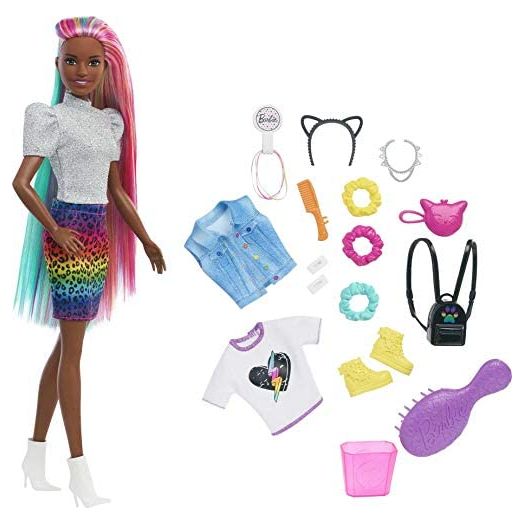 Barbie Leopard Rainbow Hair Doll (Brunette) with Color-Change Hair Feature