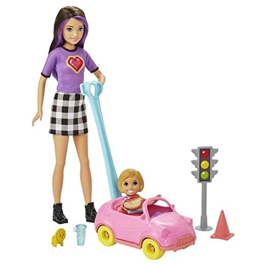 Barbie Skipper Babysitters Inc. Accessories Set with Small Toddler Doll & Toy Car, Plus Traffic Light, Cone, Cup & Lion Toy, Gift for 3 to 7 Year Olds , White