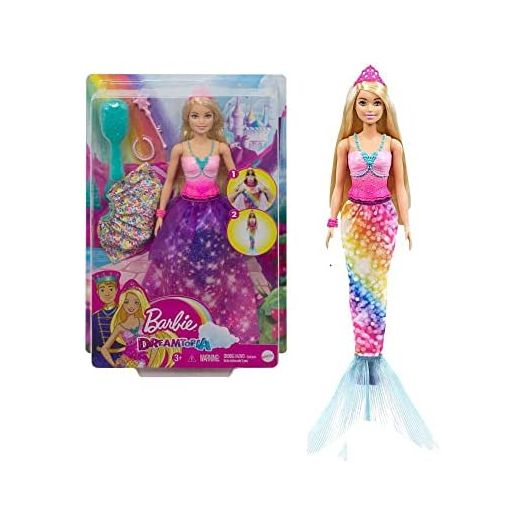 Barbie Dreamtopia 2-in-1 Princess to Mermaid Fashion Transformation Doll (Blonde, 11.5-in) with 3 Looks and Accessories, for 3 to 7 Year Olds