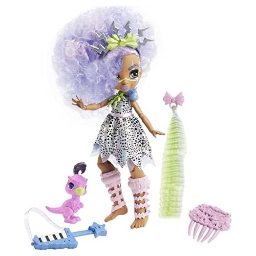Mattel Cave Club Bashley Doll (8-10-inch, Lavender Hair) Poseable Prehistoric Fashion Doll with Dinosaur Pet and Accessories, Gift for 4 Year Olds and Up