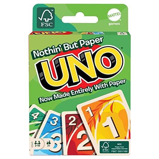 Mattel Games UNO Nothin' But Paper Card Game, Family Game with 100 Percent Paper and Fully Recyclable for 2-10 Players
