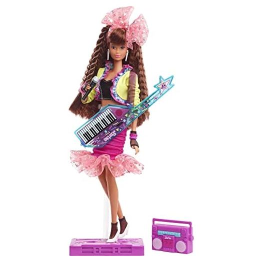 Barbie Rewind 80s Edition Dolls’ Night Out Doll (11.5-in Brunette) in Party Look Featuring Neon Jacket, Skirt & Accessories, with Cassette Tape Doll Stand, Gift for Collectors