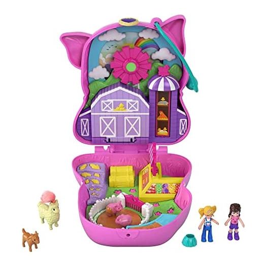 Polly Pocket On the Farm Piggy Compact, Farm Theme, Micro Polly Doll & Friend Doll, 2 Animal Figures (1 Alpaca with Hair), Fun Features & Surprise Reveals, Great Gift for Ages 4 Years Old & Up