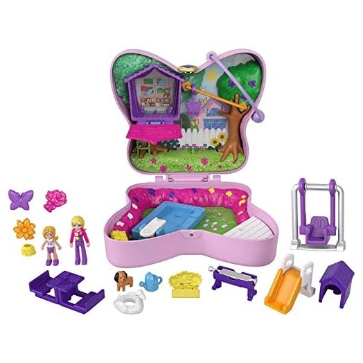 Polly Pocket Backyard Butterfly Compact, Outdoor Theme with Micro Polly Doll, Polly’s Mom Doll 5 Reveals & 13 Accessories, Pop & Swap Feature, Great Gift for Ages 4 Years Old & Up