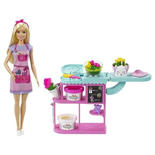 Barbie Florist Playset with 12-in Blonde Doll, Flower-Making Station, 3 Dough Colors, Mold, 2 Vases & Teddy Bear, Great Gift for Ages 3 Years Old & Up