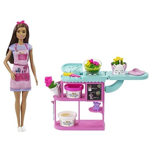 Barbie Florist Playset with 12-in Brunette Doll, Flower-Making Station, 3 Doughs, Mold, 2 Vases & Teddy Bear, Great Gift for Ages 3 Years Old & Up