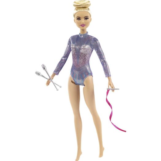 Barbie Rhythmic Gymnast Blonde Doll (12-in) with Colorful Metallic Leotard, 2 Clubs & Ribbon Accessory, Great For Ages 3 Years Old & Up