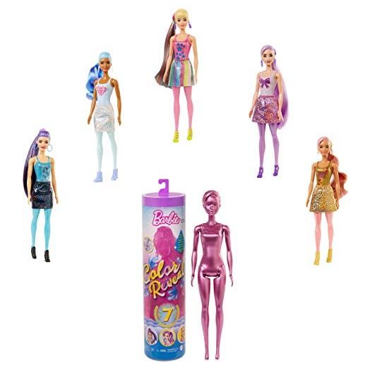 Barbie Color Reveal Doll with 7 Surprises: 4 Mystery Bags; Water Reveals Doll’s Look & Color Change on Bodice & Hair; Shimmer Series; [Styles May Vary]