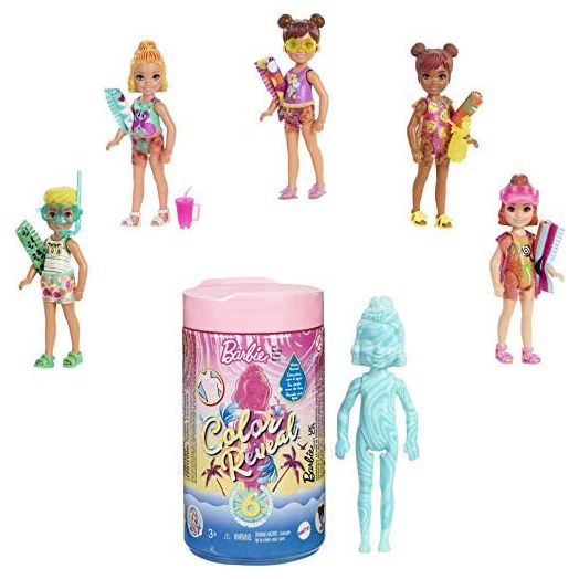 ?Barbie Chelsea Color Reveal Doll with 6 Surprises: 4 Bags with Cover-Up, Shoes, Towel & Accessory; Water Reveals Marble Blue Doll’s Look & Color Change on Hair; Sand & Sun Series [Styles May Vary]