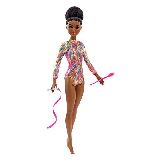 Barbie Rhythmic Gymnast Brunette Doll (12-in) with Colorful Metallic Leotard, 2 Clubs & Ribbon Accessory, Great Gift for Ages 3 Years Old & Up