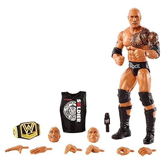 WWE Ultimate Edition The Rock Action Figure with Interchangeable Heads, Swappable Hands, & WWE Championship for Ages 8 Years Old & Up
