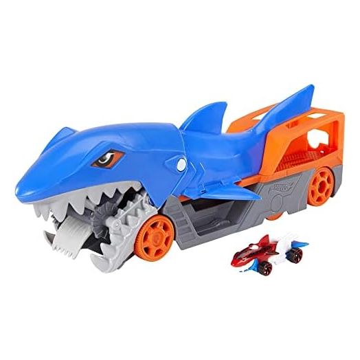 Hot Wheels Toy Car Shark Chomp Transporter & 1:64 Scale Car, Connects to Track & Stores 5 Scale Vehicles