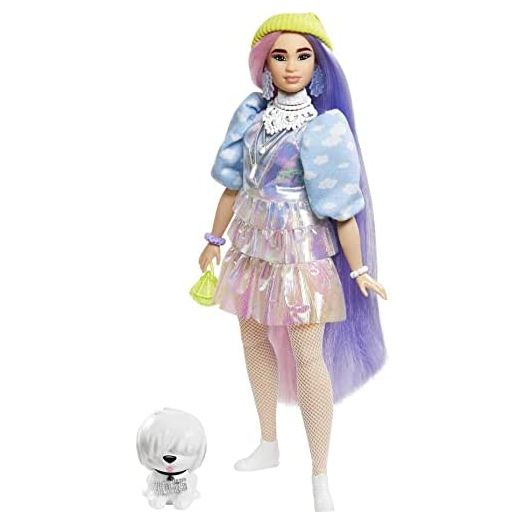 Barbie Extra Doll #2 in Shimmery Look with Pet Puppy, Pink & Purple Fantasy Hair, Layered Outfit & Accessories Including Neon Beanie, Multiple Flexible Joints, Gift for Kids 3 Years Old & Up