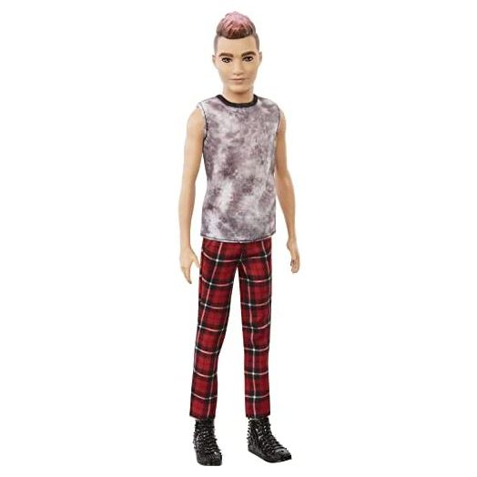 Barbie Ken Fashionistas Doll #176 with Sculpted Brunette Ombre-Tipped Hair Wearing a Sleeveless Tie-dye Shirt, Red Plaid Pants & Black Boots, Toy for Kids 3 to 8 Years Old