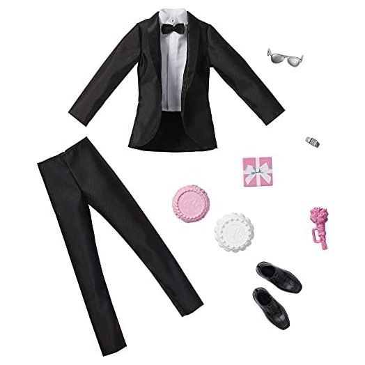 Barbie Fashion Pack: Bridal Outfit for Ken Doll with Tuxedo, Shoes, Watch, Gift, Wedding Cake with Tray & Bouquet, Gift for Kids 3 to 8 Years Old , Black