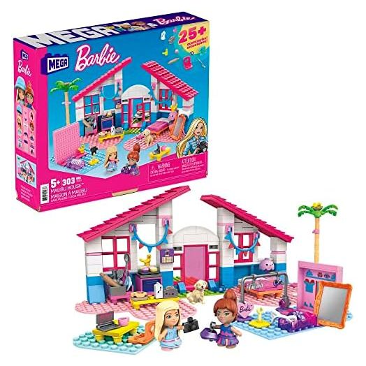 Mega Barbie Building Toys Playset, Malibu Dream House with 303 Pieces, 2 Micro-Dolls, Accessories and Furniture, 3 Pets
