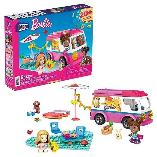 Mega Barbie Camper Building Toy Vehicle Playset, Adventure DreamCamper with 123 Pieces, 2 Micro-Dolls, Accessories, Pets and Furniture