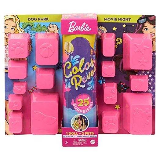 Barbie Color Reveal Doll Set with 25 Surprises Including 2 Pets & Day-to-Night Transformation: 15 Mystery Bags Contain Doll Clothes & Accessories for 2 Looks; Water Reveals Look of Metallic Doll