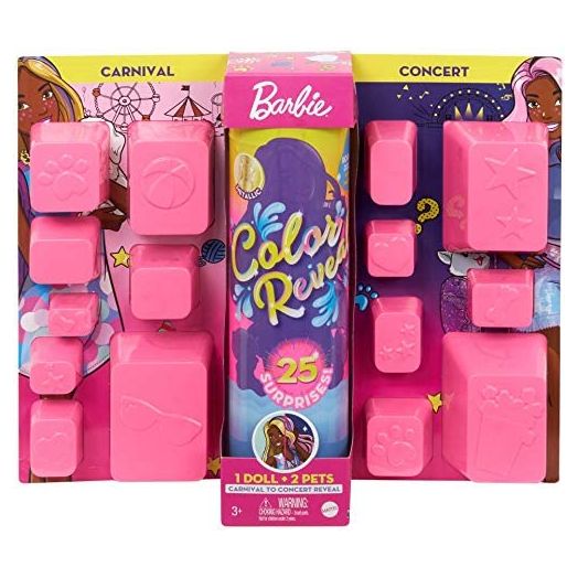 Barbie Color Reveal Doll Set with 25 Surprises Including 2 Pets & Day-to-Night Transformation: 15 Mystery Bags Contain Doll Clothes & Accessories for 2 Looks; Water Reveals Look of Metallic Doll