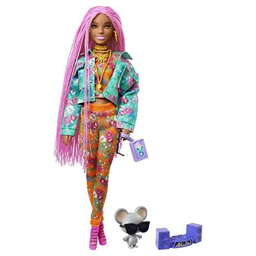 Barbie Extra Doll #10 in Floral-Print Jacket & Jogger Set with DJ Mouse Pet