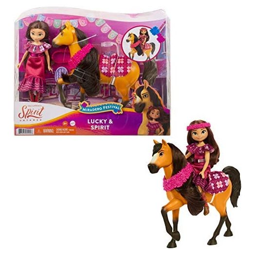 Mattel Spirit Untamed Miradero Festival Lucky Doll (7-in) with Dress, Floral Crown, Brush & Spirit Horse (8-in) with Long Mane, Floral Garland, Horse Blanket, Great Gift for Ages 3 Years Old & Up
