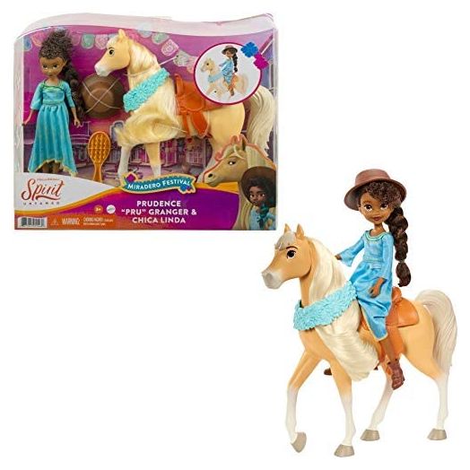 Mattel Spirit Untamed Pru Festival Doll (Approx. 7-in) with Dress, Hat & Chica Linda Horse (Approx 8-in) with Long Mane, Floral Garland, Saddle & Brush, Great Gift for Ages 3 Years Old & Up