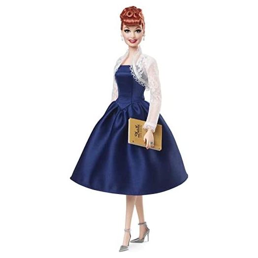 Barbie Tribute Collection Lucille Ball Doll, Wearing Blue Dress & Lace Jacket, with Doll Stand & Certificate of Authenticity, Gift for Collectors , White
