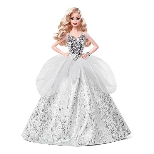 Barbie Signature 2021 Holiday Doll (12-inch, Blonde Wavy Hair) in Silver Gown, with Doll Stand and Certificate of Authenticity, Gift for 6 Year Olds and Up