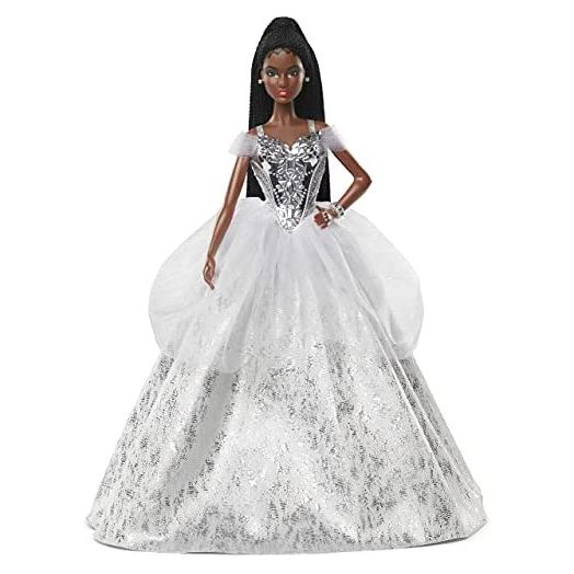 Barbie Signature 2021 Holiday Barbie Doll (12-inch, Brunette Braided Hair) in Silver Gown, with Doll Stand and Certificate of Authenticity, Gift for 6 Year Olds and Up