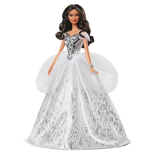 Barbie Signature 2021 Holiday Doll (12-inch, Brunette Hair) in Silver Gown, with Doll Stand and Certificate of Authenticity, Gift for 6 Year Olds and Up