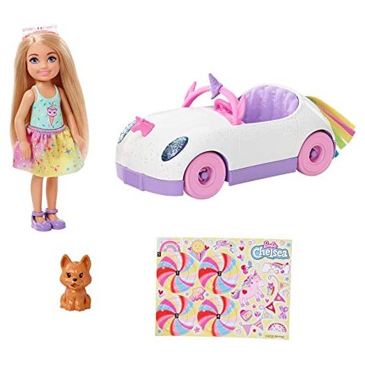 Barbie Club Chelsea Doll (6-inch Blonde) with Open-Top Rainbow Unicorn-Themed Car, Pet Puppy, Sticker Sheet & Accessories, Gift for 3 to 7 Year Olds