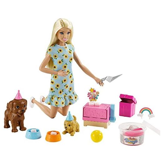 Barbie Doll (11.5-inch Blonde) and Puppy Party Playset with 2 Pet Puppies, Dough, Cake Mold and Accessories, Gift for 3 to 7 Year Olds