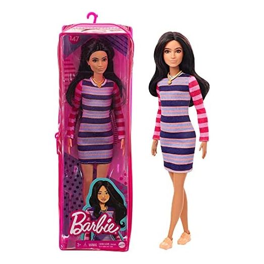 Barbie Fashionistas Doll #147 with Long Brunette Hair Wearing Striped Dress, Orange Shoes & Necklace, Toy for Kids 3 to 8 Years Old