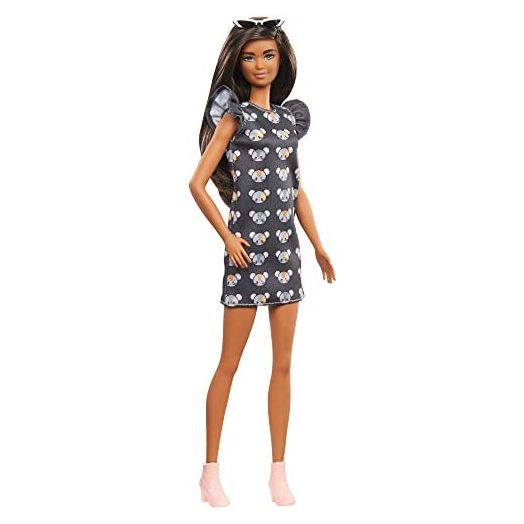 Barbie Fashionistas Doll #140 with Long Brunette Hair Wearing Mouse-Print Dress, Pink Booties & Sunglasses, Toy for Kids 3 to 8 Years Old , Gray