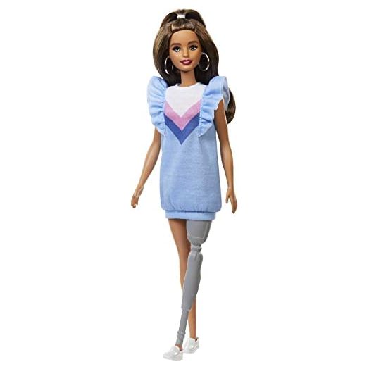 Barbie Fashionistas Doll 121 with Long Brunette Hair and Prosthetic Leg Wearing Sweater Dress and Accessories, for 3 to 8 Year Olds , Blue