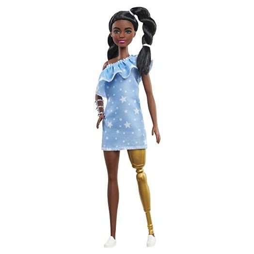 Barbie Fashionistas Doll #146 with 2 Twisted Braids & Prosthetic Leg Wearing Star-Print Dress, White Shoes & Arm Bracelet, Toy for Kids 3 to 8 Years Old , Blue