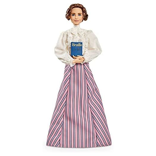 Barbie Inspiring Women Helen Keller Doll (12-inch) Wearing Blouse and Skirt, with Doll Stand & Certificate of Authenticity, Gift for Kids & Collectors , Pink