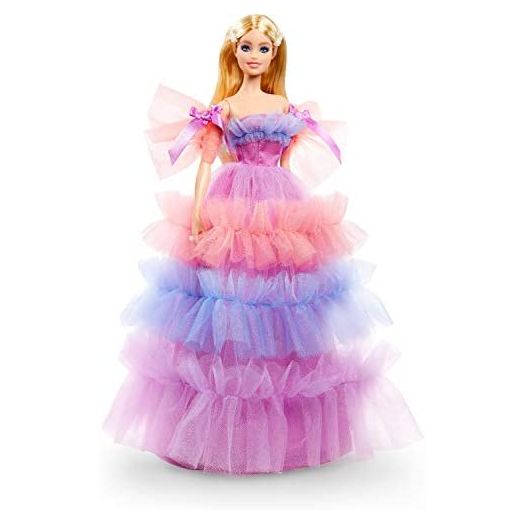 Barbie Birthday Wishes Doll (Blonde, 13-inch), Wearing Ruffled Gown, with Doll Stand and Certificate of Authenticity, Gift for 6 Year Olds and Up