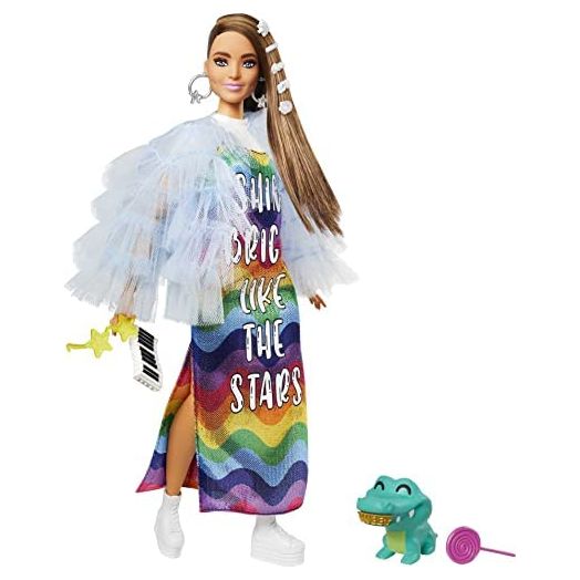 Barbie Extra Doll #9 in Blue Ruffled Jacket with Pet Crocodile, Long Brunette Hair with Bling Hair Clips, Layered Outfit & Accessories, Multiple Flexible Joints, Gift for Kids 3 Years Old & Up , White