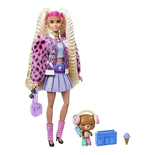Barbie Extra Doll #8 in Pink Sparkly Varsity Jacket with Pet Teddy Bear