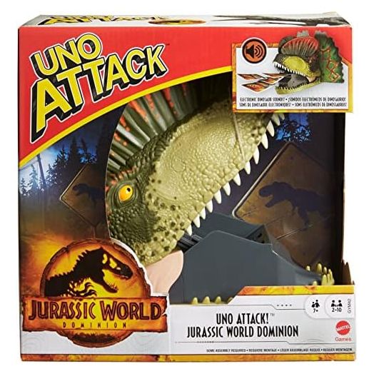 Mattel Games UNO Attack Jurassic World Domination Card Game for Kids & Family Night with Dinosaur Card Launcher, Lights & Sounds