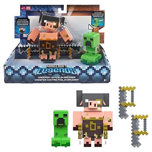 Mattel Minecraft Legends Action Figure 2-Pack, Creeper vs Piglin Bruiser Set, Attack & React Collectible Toys, 3.25-inch