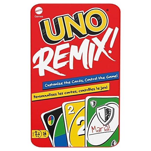 UNO Remix Customizable Matching Card Game Featuring 112 Cards Including Write-On Cards in Sturdy Storage Tin, Game Night