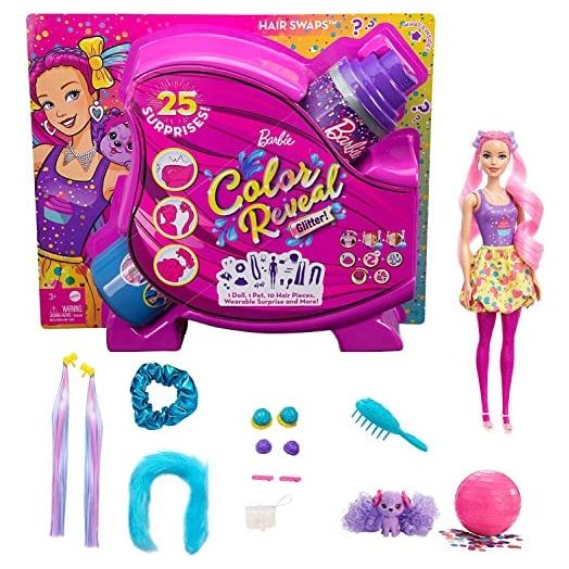 Barbie Color Reveal Glitter! Hair Swaps Doll, Glittery Pink with 25 Hairstyling & Party-Themed Surprises Including 10 Plug-in Hair Pieces, Gift for Kids 3 Years Old & Up