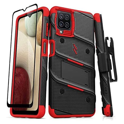 ZIZO Bolt Series for Galaxy A12 Case with Screen Protector Kickstand Holster Lanyard - Black & Red
