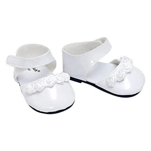 18 Inch Doll Dress Shoes fit for American Girl Dolls in White Patent Leather and Satin Rose Ribbon Trim, White Doll Dress Shoes