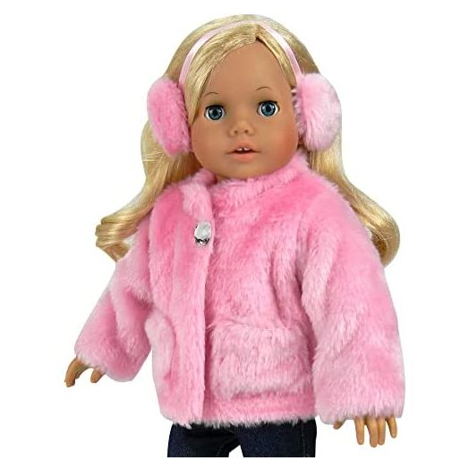 18 Inch Doll Clothes Pink Fur Coat & Earmuff/Headband fits 18 Inch American Girl Dolls & More, Jeweled Fur Coat in Pink & Headband/Earmuffs | Doll Sold Separately