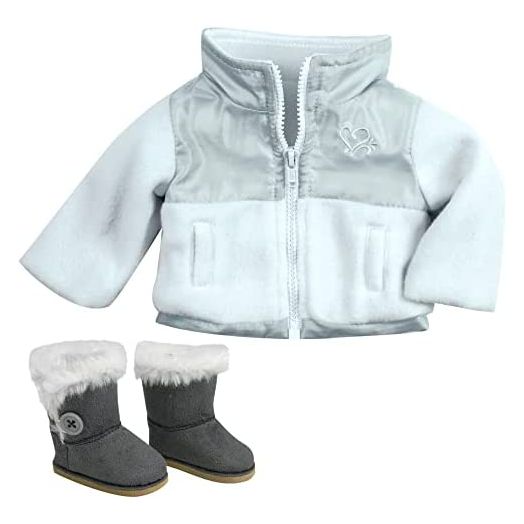 Sophia's 18 Inch Doll Coat Clothes Jacket & Button Doll Boots in Suede Style & Fur Trim, 2 Pc. Set Fits 18 Inch Dolls. Stylish White/Gray/Fleece 18 Inch Doll Coat & Gray Ewe Boots Doll Accessories