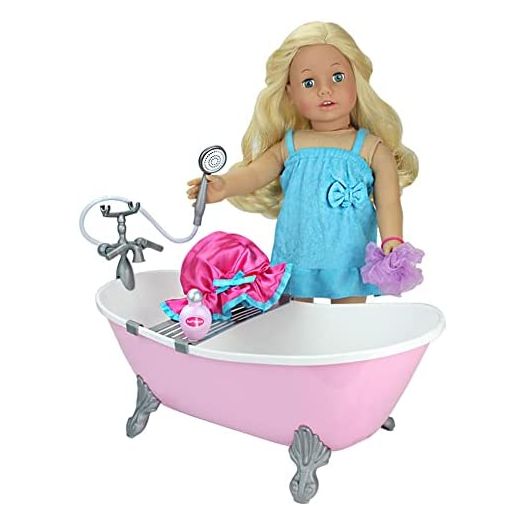 18 Inch Doll Bathtub Set Plus Outfit & Shower Accessories, Pink Clawfoot Tub | Doll Sold Separately