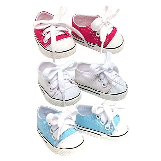 18 Inch Doll Sneakers. Sneaker Set to fit American Girl Dolls. White, Hot Pink & Blue Sneakers